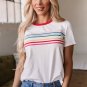 White Rainbow Stripe Print Contrast Crewneck T Shirt