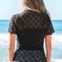 Black Bowknot Sheer Mesh Mock Neck Lettuce Trim Short Sleeve Top