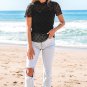 Black Bowknot Sheer Mesh Mock Neck Lettuce Trim Short Sleeve Top