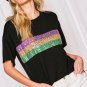 Black Sequin Stripes Patchwork Mardi Gras Crew Neck T Shirt