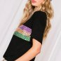 Black Sequin Stripes Patchwork Mardi Gras Crew Neck T Shirt