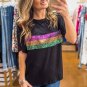 Black Sequin Stripes Patchwork Mardi Gras Crew Neck T Shirt