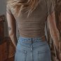 Dark Brown Lace Splicing Criss Cross Slim Fit V Neck T Shirt