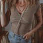 Dark Brown Lace Splicing Criss Cross Slim Fit V Neck T Shirt