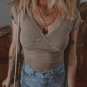 Dark Brown Lace Splicing Criss Cross Slim Fit V Neck T Shirt
