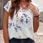 White Floral Scalloped V Neck Short Sleeves Top