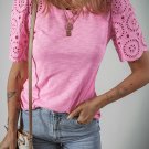 Pink Eyelet Embroidery Scalloped Sleeve Round Neck T Shirt