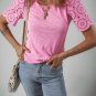 Pink Eyelet Embroidery Scalloped Sleeve Round Neck T Shirt