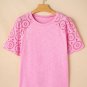 Pink Eyelet Embroidery Scalloped Sleeve Round Neck T Shirt