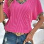Bright Pink Leopard Patchwork Corded Texture V Neck T Shirt
