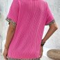 Bright Pink Leopard Patchwork Corded Texture V Neck T Shirt