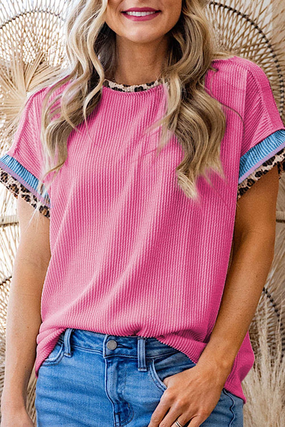 Bonbon Leopard Patchwork Corded Knit Crew Neck T Shirt