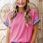 Bonbon Leopard Patchwork Corded Knit Crew Neck T Shirt