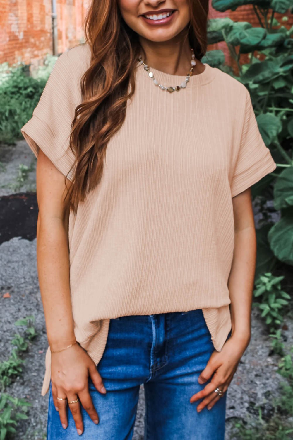 Jet Stream Textured Knit Round Neck Short Sleeve Top