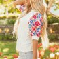 Beige Floral Puff Sleeve Patchwork Round Neck Top