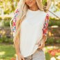 Beige Floral Puff Sleeve Patchwork Round Neck Top
