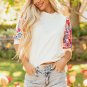 Beige Floral Puff Sleeve Patchwork Round Neck Top