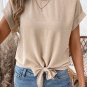 Parchment Solid Color Knotted Hem Short Sleeve Blouse