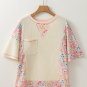 Beige Floral Patchwork Chest Pocket Wide Sleeve Waffle T Shirt