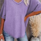 Purple Exposed Seam Half Sleeve Knitted V Neck Textured Top