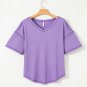 Purple Exposed Seam Half Sleeve Knitted V Neck Textured Top