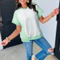 Light Green Color Block Exposed Seam Crew Neck T Shirt