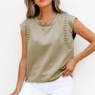 Sage Green Studded Cap Sleeve Round Neck T Shirt