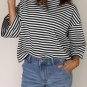 Black Stripe Bowknot Cutout Back Wide Bracelet Sleeve Loose Tee