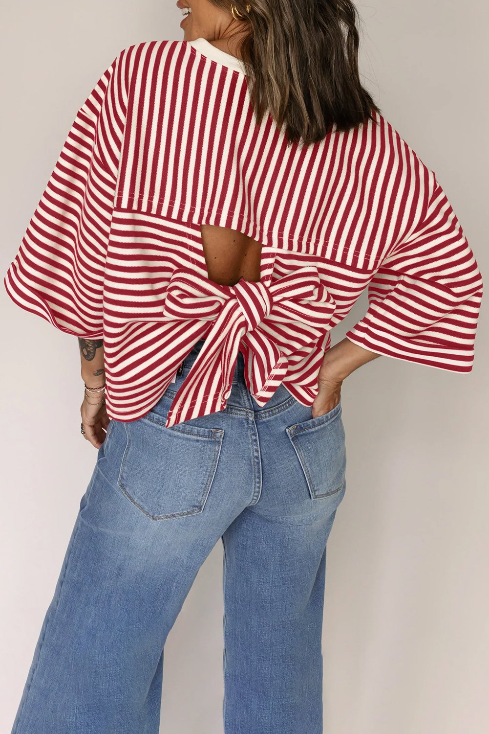 Red Stripe Bowknot Cutout Back Drop Shoulder Sleeve Loose Tee
