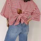 Red Stripe Bowknot Cutout Back Drop Shoulder Sleeve Loose Tee