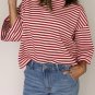 Red Stripe Bowknot Cutout Back Drop Shoulder Sleeve Loose Tee