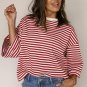 Red Stripe Bowknot Cutout Back Drop Shoulder Sleeve Loose Tee