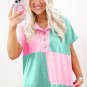 Mint Green Two Tone Half Buttons Collared T Shirt