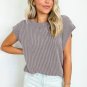 Gray Twisted Rib Wide Sleeve Crew Neck T Shirt