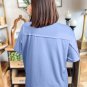 Sky Blue Flower Patched Exposed Stitching Trim Crew Neck Loose Tee