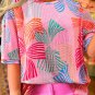 Pink Bowknot Printed Waffle Crewneck Loose Short Sleeve Top