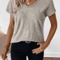Gray Morn Ribbed Short Sleeve V Neck Colorblock Bow Back Top