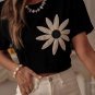 Black Contrast Crochet Floral Graphic Drop Shoulder Loose Tee