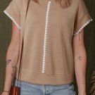 Straw Yellow Ric Rac Color Contrast Ribbed Edge Crewneck T Shirt