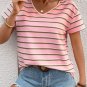 Pink Stripe V Neck Slim Fit Casual T Shirt