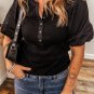 Black Ribbed Patchwork Puff Sleeve Half Button Placket Slim Fit Top