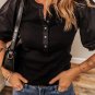 Black Ribbed Patchwork Puff Sleeve Half Button Placket Slim Fit Top