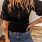 Black Ribbed Patchwork Puff Sleeve Half Button Placket Slim Fit Top