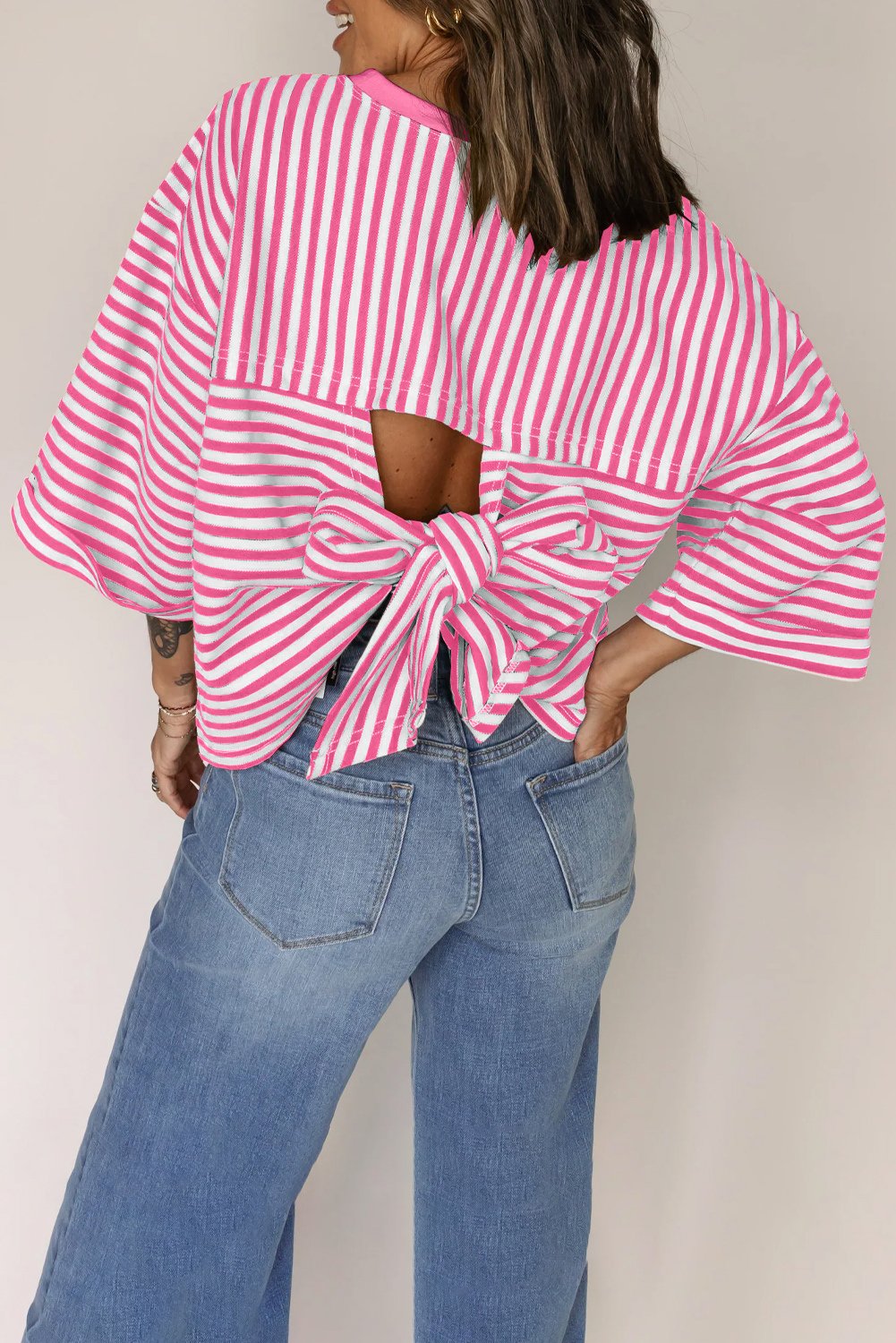 Pink Stripe Bowknot Cutout Back Drop Shoulder Sleeve Loose Tee