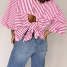 Pink Stripe Bowknot Cutout Back Drop Shoulder Sleeve Loose Tee
