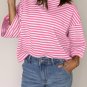 Pink Stripe Bowknot Cutout Back Drop Shoulder Sleeve Loose Tee