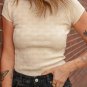 Beige Textured Crew Neck Cap Sleeve Slim Stretchy T Shirt