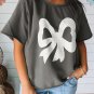 Medium Grey Lace Bow Raw Edge Drop Shoulder Casual T Shirt