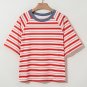 Tomato Red Stripe Print Contrast Collar Raglan Sleeve T Shirt