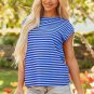 Sky Blue Stripe Ribbed Cap Sleeve Round Neck T Shirt